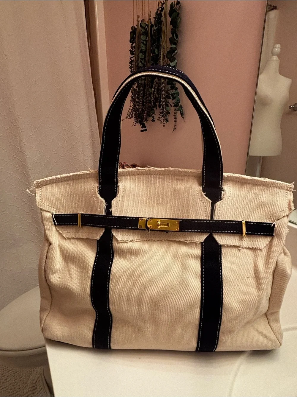 Canvas Tote with Navy Trim and Gold Hardware NWOT